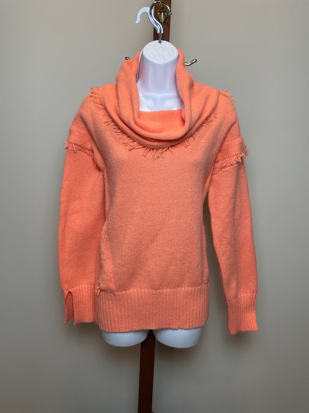 Cupio Peach Blush Cowl Neck Fringe Knit Sweater Size M New With Tag